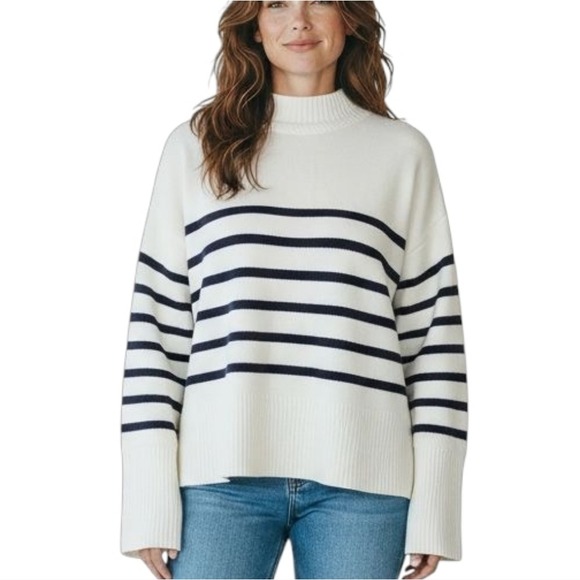 Grace + Karma Sweaters - Grace Karma Womens Striped Mock Neck Sweater Pullover Cream Blue Large Nautical